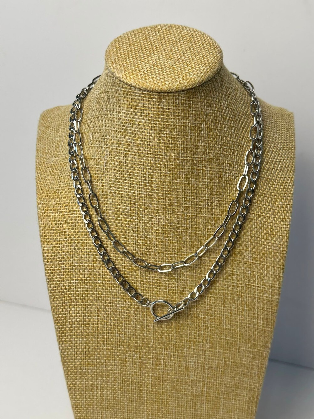 Silver Toned Layered Double Chain Necklace Paperclip Link Toggle Clasp Adjustabl